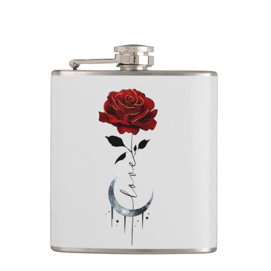 Gothic Red Rose en Crescent Moon with Love Heupfles (Voorkant)