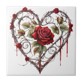 Gothic Red Rose Heart Vine Artwork Vintage Elegant Tegeltje