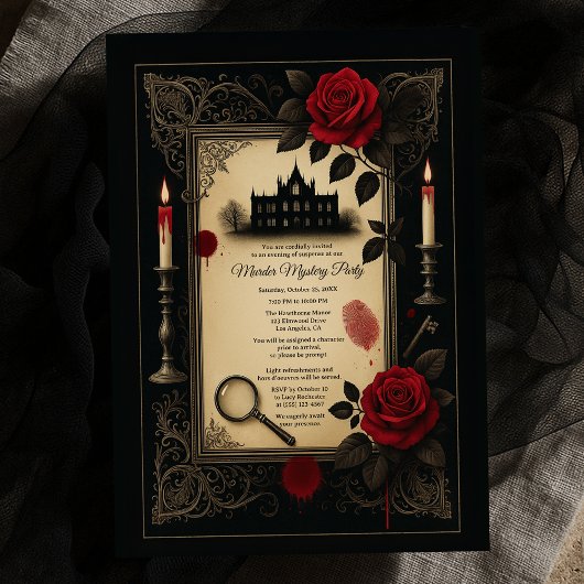 Gothic Red Rose Murder Mystery Mansion Party Kaart