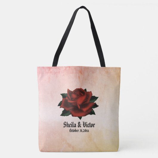 Gothic Red Rose Name and Date Peach Tote Bag (Voorkant)