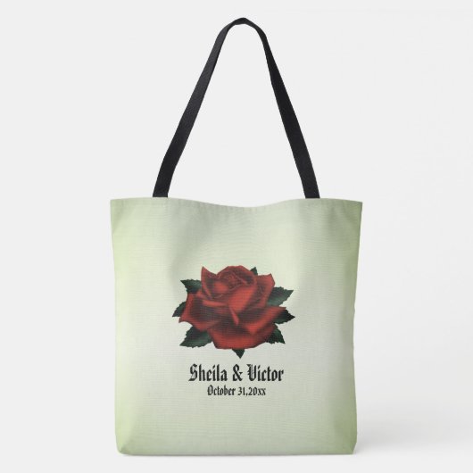 Gothic Red Rose Names and Date Green Tote Bag (Achterkant)