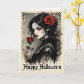 Gothic Red Rose Vampier Vrouw Halloween Elegant Kaart (Gele Bloem)