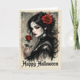 Gothic Red Rose Vampier Vrouw Halloween Elegant Kaart
