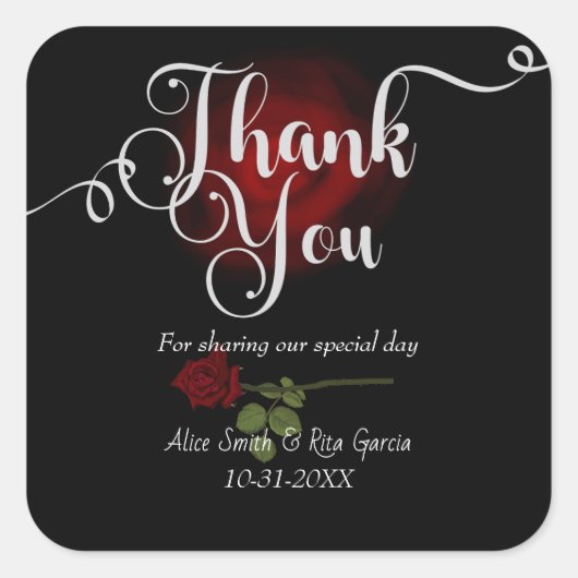 Gothic Red Roses and Black Wedding Bedankt Vierkante Sticker (Voorkant)