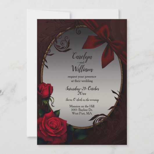 Gothic Red Roses and Bow Wedding Invitation Kaart (Voorkant)