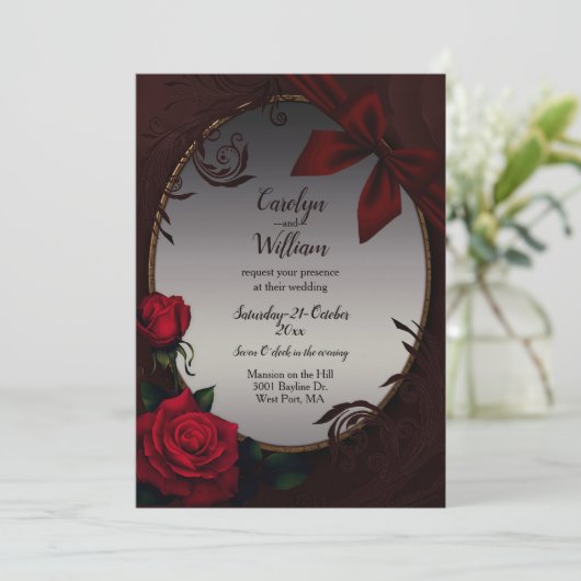 Gothic Red Roses and Bow Wedding Invitation Kaart (Staand voorkant)