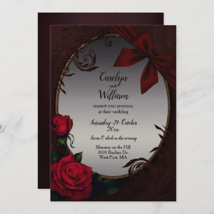 Gothic Red Roses and Bow Wedding Invitation Kaart