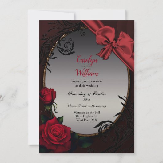 Gothic Red Roses and Bow Wedding Kaart (Voorkant)