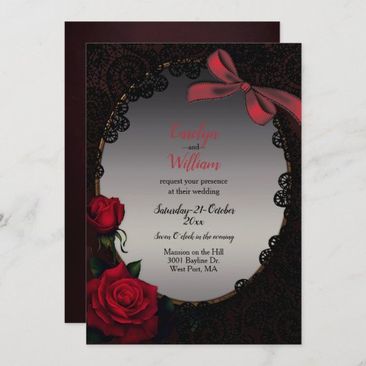 Gothic Red Roses en Black Lace Wedding Kaart (Voorkant / Achterkant)