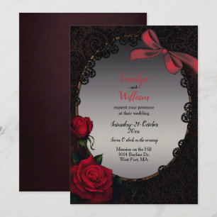 Gothic Red Roses en Black Lace Wedding Kaart