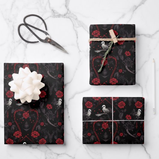 Gothic Red Roses Red Chain Heart and White Crow Inpakpapier Vel (Voorkant)