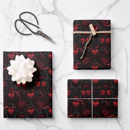 Gothic Red Roses Red Hearts and Black Flowers Inpakpapier Vel (Voorkant)