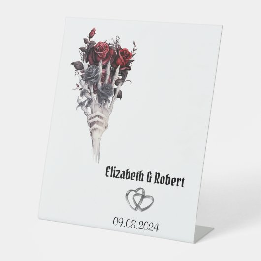 Gothic Red Roses Skeleton Wedding Reclamebord Met Voetstuk (Voorkant)