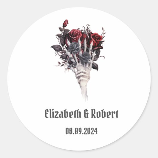 Gothic Red Roses Skeleton Wedding Ronde Sticker (Voorkant)