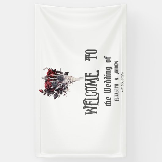 Gothic Red Roses Skeleton Wedding Spandoek (Verticaal)