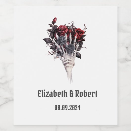 Gothic Red Roses Skeleton Wedding Wijn Etiket (Enkel label)