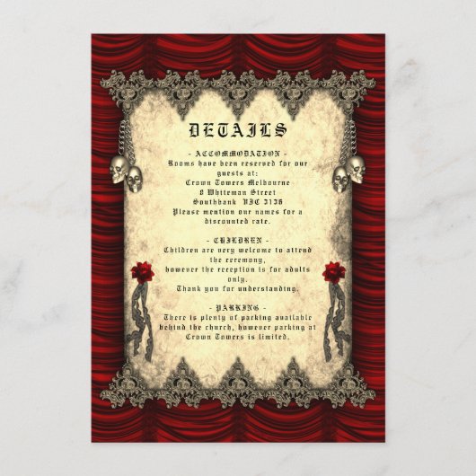 Gothic Red Silk and Gold Skulls Wedding Informatiekaartje (Voorkant)