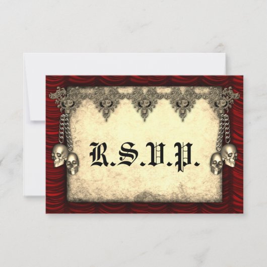 Gothic Red Silk and Gold Skulls Wedding RSVP Kaartje (Voorkant)