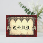 Gothic Red Silk and Gold Skulls Wedding RSVP Kaartje (Staand voorkant)