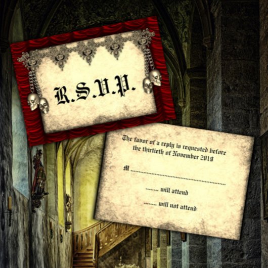 Gothic Red Silk and Gold Skulls Wedding RSVP Kaartje