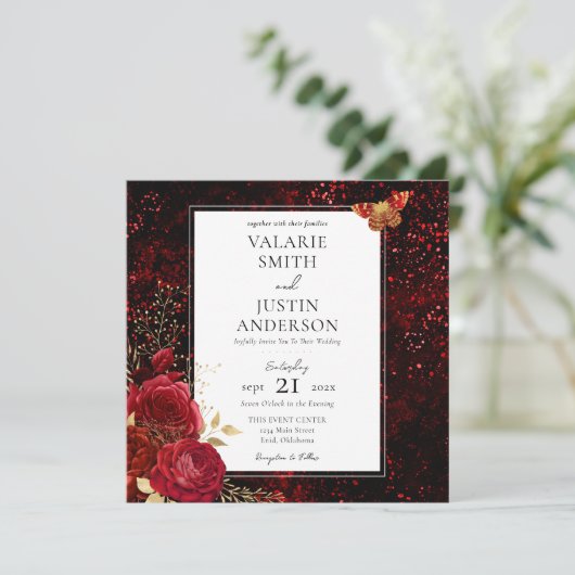 Gothic Red Splatter Floral Wedding All in One Kaart (Staand voorkant)
