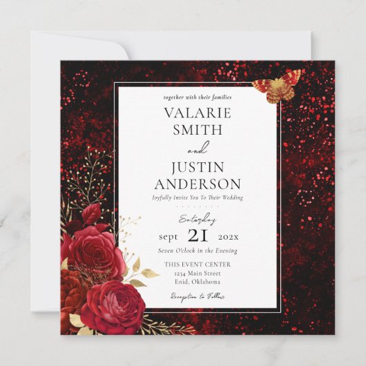 Gothic Red Splatter Floral Wedding All in One Kaart (Voorkant)