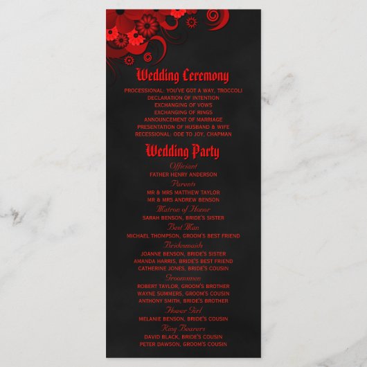 Gothic Rode Bloemen Zwart Chalkboard Trouwprogramm Programmakaart (Achterkant)