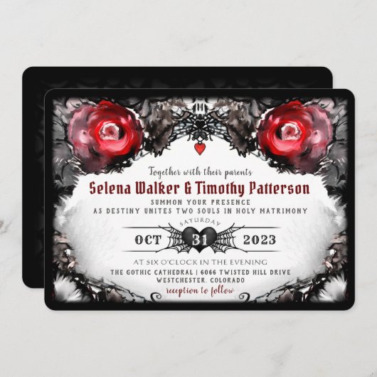 Gothic Rode Rozen en Spinnen Halloween Trouwdag Kaart (Voorkant / Achterkant)