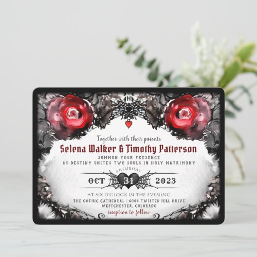 Gothic Rode Rozen en Spinnen Halloween Trouwdag Kaart (Staand voorkant)