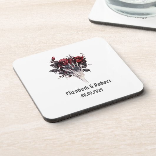 Gothic Rode Rozen Skelet Bruiloft  Bier Onderzetter (Linkerzijde)
