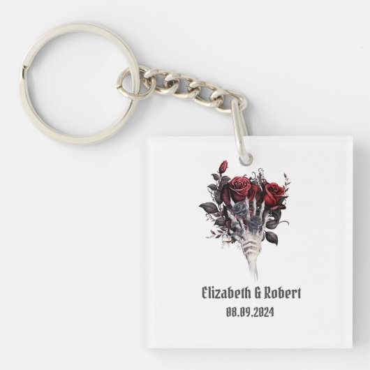 Gothic Rode Rozen Skelet Bruiloft Sleutelhanger (voorkant)