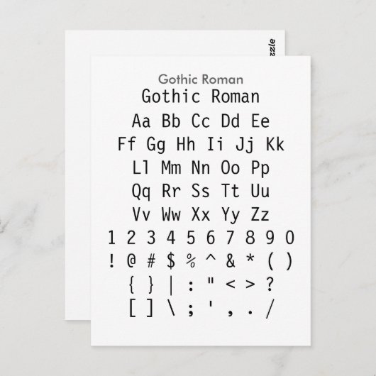 Gothic Roman - Zazzle Font Sampler Blad Briefkaart (Voorkant / Achterkant)
