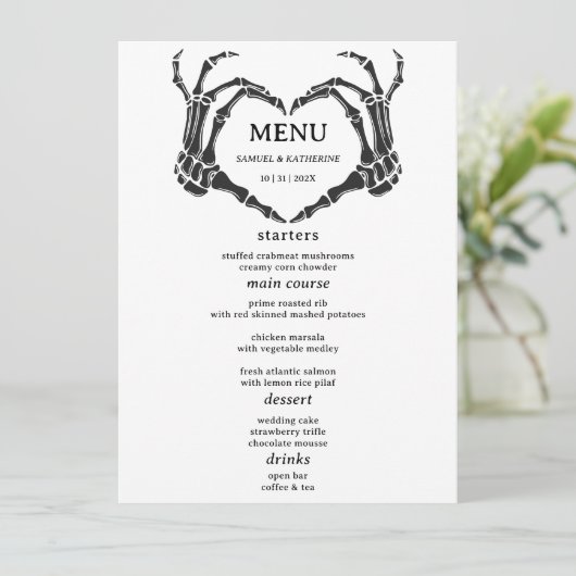 Gothic Romantic Skeleton Hand Halloween Huwelijk Menu (Staand voorkant)