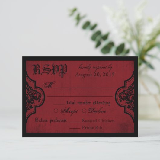 Gothic Rood en Zwart Kant RSVP-kaart RSVP Kaartje (Staand voorkant)