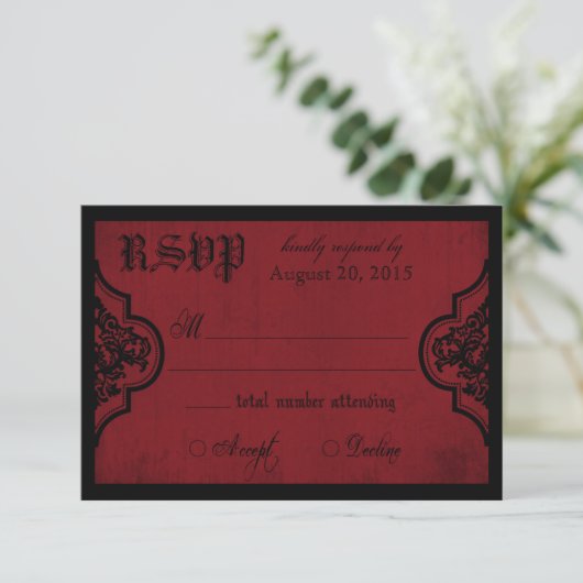 Gothic Rood en Zwart Kant RSVP-kaart RSVP Kaartje (Staand voorkant)