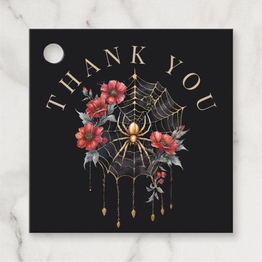 Gothic Rood & Goud Bloemen Spiderweb Bedankt Bedankjes Labels (Voorkant)