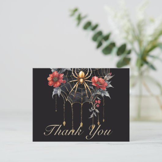 Gothic Rood & Goud Bloemen Spiderweb Bedankt Briefkaart (Staand voorkant)