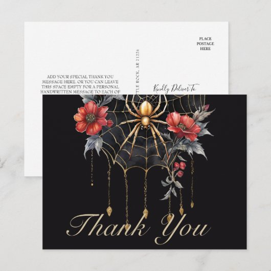 Gothic Rood & Goud Bloemen Spiderweb Bedankt Briefkaart (Voorkant / Achterkant)