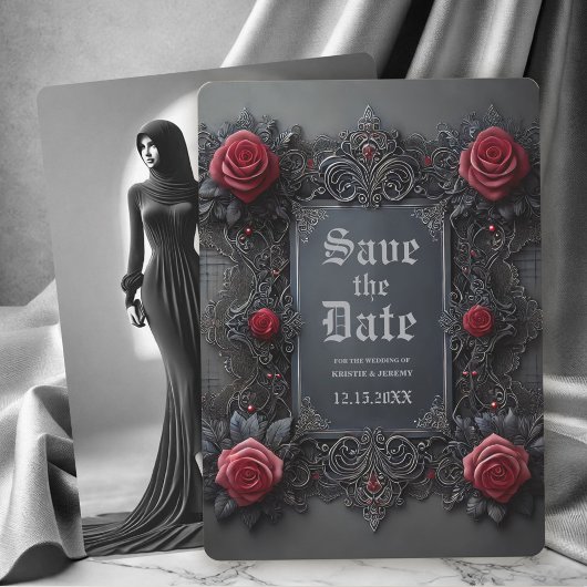 Gothic Rood Grijs Bloemen Foto Bewaar de datum Save The Date