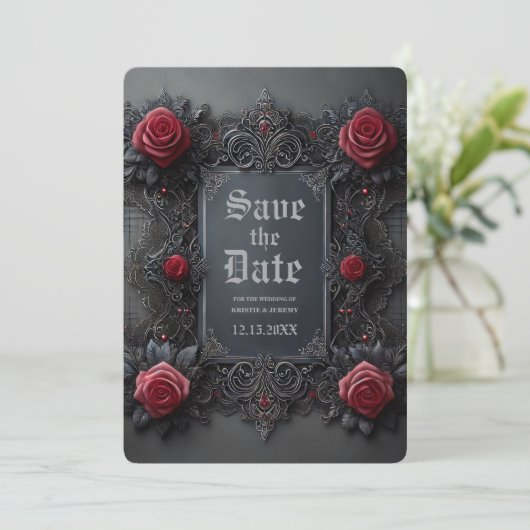 Gothic Rood Grijs Bloemen Huwelijk Save the Date (Staand voorkant)