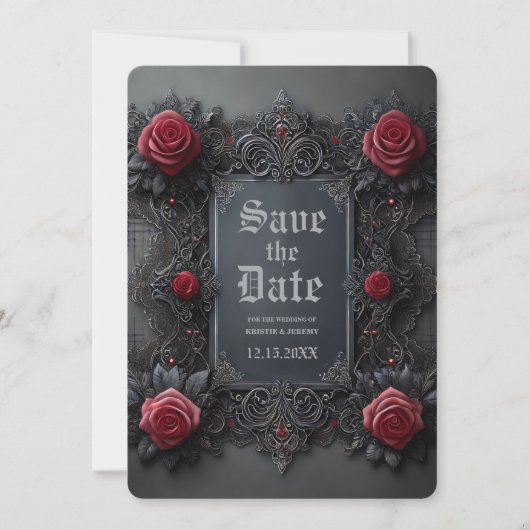 Gothic Rood Grijs Bloemen Huwelijk Save the Date (Voorkant)