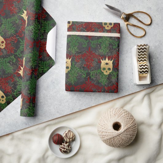 Gothic Rood Groen en Gouden Schedel Wrapping Papie Cadeaupapier (Crafts)