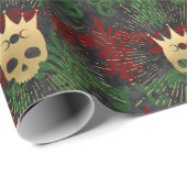 Gothic Rood Groen en Gouden Schedel Wrapping Papie Cadeaupapier (Rol Hoek)