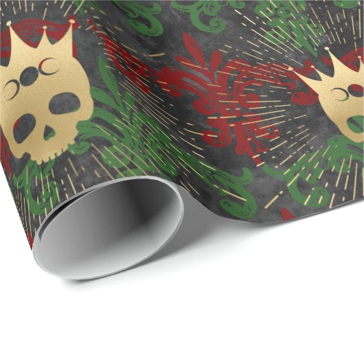Gothic Rood Groen en Gouden Schedel Wrapping Papie Cadeaupapier (Rol Hoek)