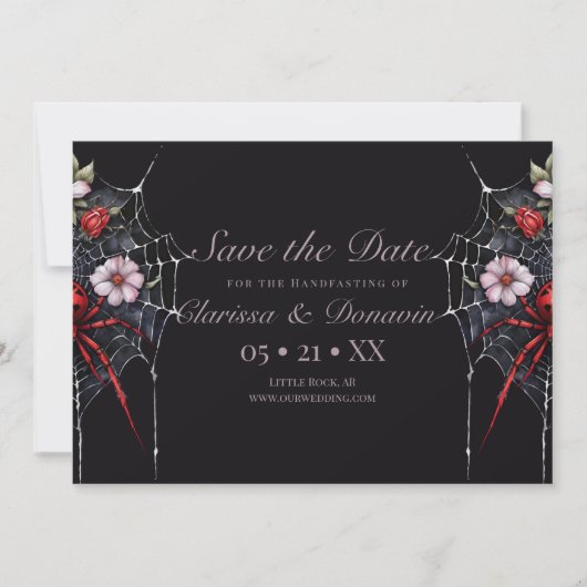 Gothic Rood & Zwart Bloemen Spider Web Handfasting Save The Date (Voorkant)