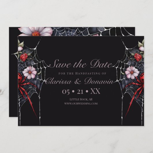 Gothic Rood & Zwart Bloemen Spider Web Handfasting Save The Date (Voorkant / Achterkant)