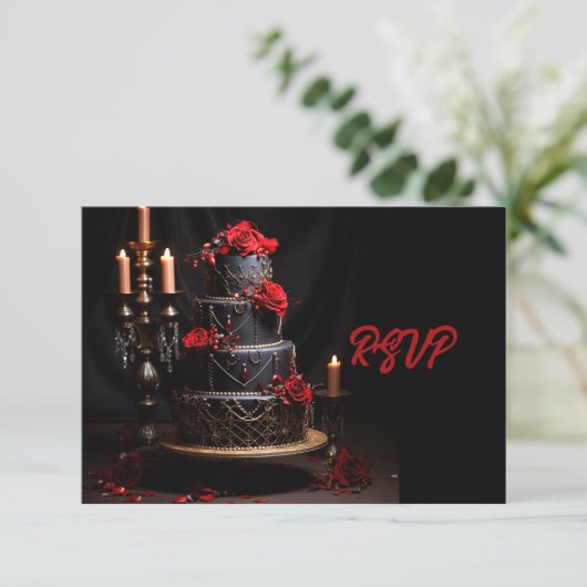 Gothic Rood Zwart Rozen Trouwtaart Bewaar de datum RSVP Kaartje (Staand voorkant)