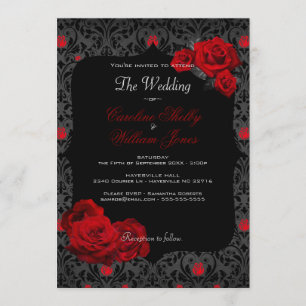 Gothic Roos Black and Red Wedding Invitation Kaart
