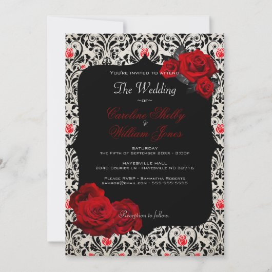 Gothic Roos Black and Red Wedding Invitation Kaart (Voorkant)