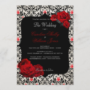 Gothic Roos Black and Red Wedding Invitation Kaart